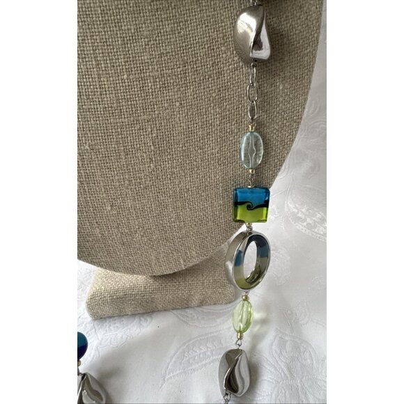 Chicos Blue Green Faux Glass SIlver Tone 18" Long Statement Necklace NEW - Picture 8 of 16